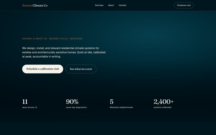 Aurora Climate homepage — premium climate-tech site, Showcase tier